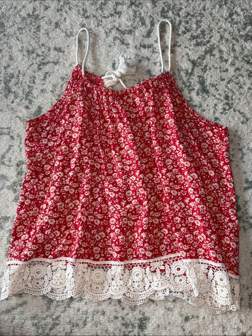 Red Floral Lace-Trim Camisole with Spaghetti Straps